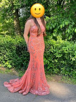 Style 53452 Sherri Hill Orange Size 2 Sequined Short Height Square Train Dress on Queenly