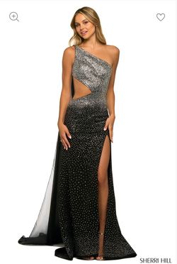 Style 55318 Sherri Hill Black Tie Size 6 Side slit Dress on Queenly