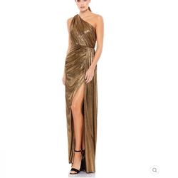 Style 26537 Mac Duggal Gold Size 4 Graduation Wedding Guest Cocktail Side slit Dress on Queenly