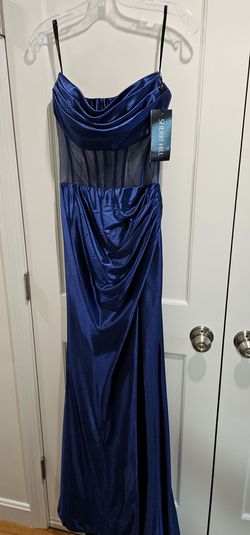 Sherri Hill Blue Size 2 Black Tie Floor Length Free Shipping Side slit Dress on Queenly