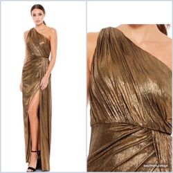 Style 26537 Mac Duggal Gold Size 6 Wedding Guest Graduation 26537 Shiny Side slit Dress on Queenly