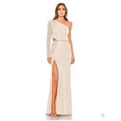 Style 11306 Mac Duggal Nude Size 4 Lace Ivory Wedding Guest Prom Side slit Dress on Queenly