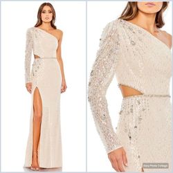 Style 11306 Mac Duggal Nude Size 4 11306 Lace One Shoulder Side slit Dress on Queenly