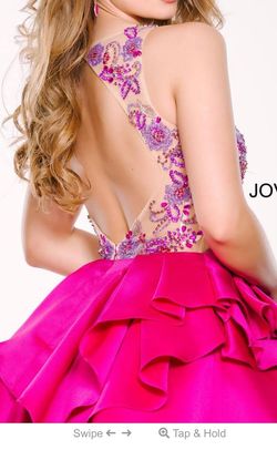Style 41861 Jovani Hot Pink Size 6 Swoop Mini Cocktail Dress on Queenly