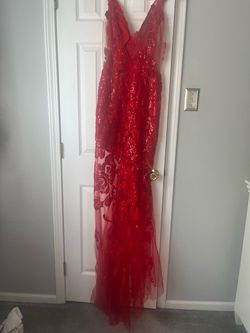 Jovani Bright Red Size 2 Winter Formal Embroidery Sheer Side slit Dress on Queenly