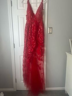 Jovani Red Size 2 Embroidery Sheer Sorority Formal $300 Side slit Dress on Queenly