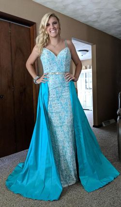 Style 7242 Johnathan Kayne Blue Size 8 Prom Plunge Corset Ball gown on Queenly