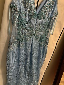Portia and Scarlett Blue Size 6 Plunge Floor Length Pageant Side slit Dress on Queenly