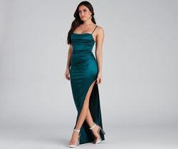 Style 05002-2018 Windsor Blue Size 0 Teal Floor Length Silk Corset Side slit Dress on Queenly