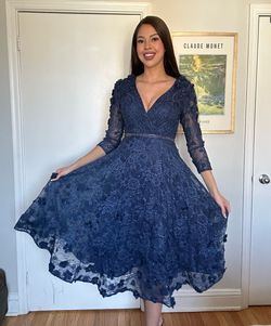 Mac Duggal Blue Size 6 Long Sleeve Flare Wedding Guest Cocktail Dress on Queenly