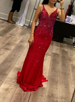 Camille La Vie Red Size 00 Plunge Prom Mermaid Dress on Queenly