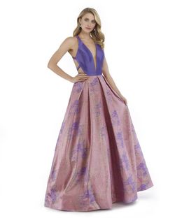 Style 16046 Morell Maxie  Pink Size 2 Silk Plunge Floor Length Print A-line Dress on Queenly