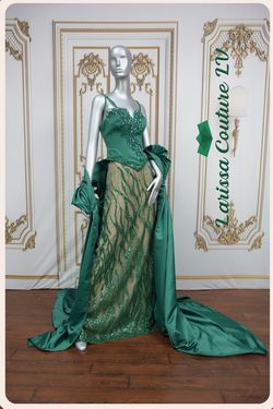 Style LCLV-G001 Larissa Couture LV Green Size 6 Satin Pattern Sleeves Sequined Floor Length Straight Dress on Queenly