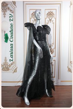 Style LCLV - BLK001 Larissa Couture LV Black Tie Size 4 Lclv - Blk001 Corset Cape Floor Length Straight Dress on Queenly