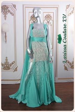 Style LCLV - B014 Larissa Couture LV Blue Size 6 Lace Cape Sequined Straight Dress on Queenly