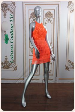 Style LCLV - OR002 Larissa Couture LV Orange Size 4 Lace Fringe Mini Cocktail Dress on Queenly