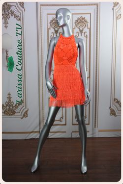 Style LCLV - OR002 Larissa Couture LV Orange Size 4 Lace Fringe Silk Cocktail Dress on Queenly