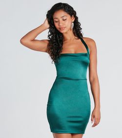 Style 05103-5288 Windsor Green Size 4 Nightclub Satin Sorority Square Neck Cocktail Dress on Queenly