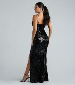 Style 05002-7665 Windsor Black Size 4 Sequined Flare Floor Length Side slit Dress on Queenly