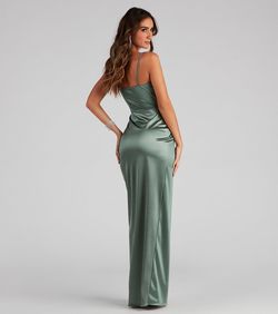 Style 05002-7405 Windsor Blue Size 8 Jersey Satin Tall Height Shiny Side slit Dress on Queenly