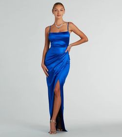Style 05002-8028 Windsor Blue Size 0 05002-8028 Satin Bridesmaid Floor Length Side slit Dress on Queenly