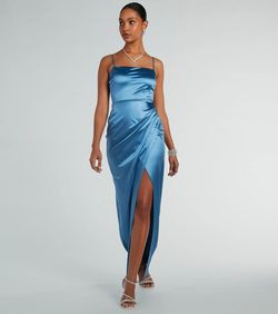 Style 05002-8029 Windsor Blue Size 4 Tall Height Spaghetti Strap Side slit Dress on Queenly