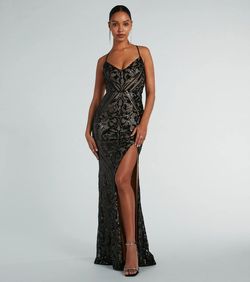 Style 05002-8404 Windsor Black Size 0 Sequined Prom Tall Height Side slit Dress on Queenly
