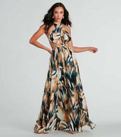 Style 05102-5356 Windsor Multicolor Size 12 High Neck Print Prom Side slit Dress on Queenly