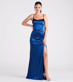 Style 05002-6945 Windsor Blue Size 4 Satin Mini Jersey Side slit Dress on Queenly
