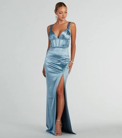 Style 05002-7862 Windsor Blue Size 0 Shiny Bustier Side slit Dress on Queenly