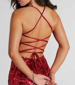 Style 05002-8284 Windsor Red Size 8 Square Neck Sequined Wedding Guest Side slit Dress on Queenly