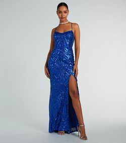 Style 05002-8083 Windsor Blue Size 4 Sheer Pattern Spaghetti Strap Tall Height Side slit Dress on Queenly