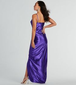 Style 05002-7980 Windsor Black Size 0 Satin Floor Length Bridesmaid Side slit Dress on Queenly