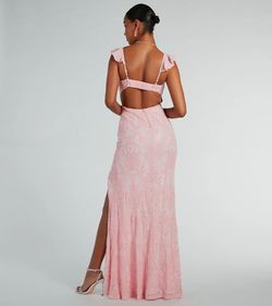 Style 05002-7929 Windsor Pink Size 0 Quinceanera Floor Length V Neck Sheer Side slit Dress on Queenly