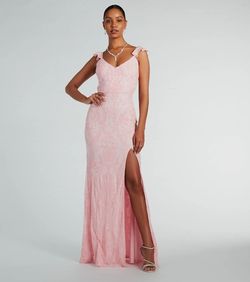 Style 05002-7929 Windsor Pink Size 0 Quinceanera Floor Length V Neck Sheer Side slit Dress on Queenly