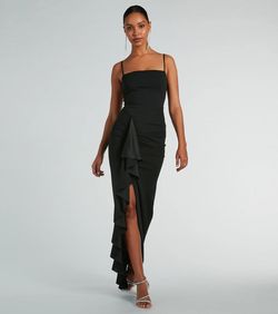 Style 05002-8340 Windsor Black Size 0 Jewelled Ruffles Spaghetti Strap Floor Length Side slit Dress on Queenly
