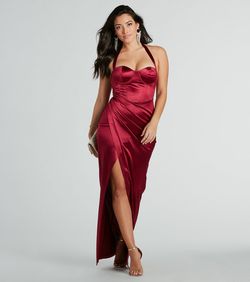 Style 05002-8239 Windsor Red Size 4 Halter Padded Satin Floor Length Side slit Dress on Queenly