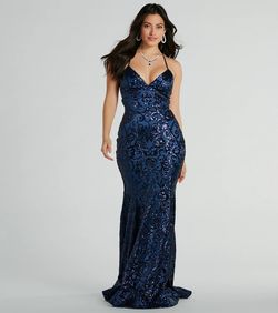 Style 05002-8145 Windsor Blue Size 4 Spaghetti Strap V Neck Floor Length Mermaid Dress on Queenly