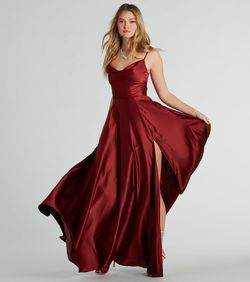 Style 05002-8032 Windsor Red Size 4 Bridesmaid Wedding Guest Spaghetti Strap Backless Side slit Dress on Queenly