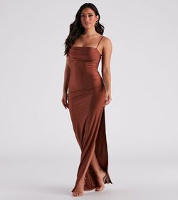 Style 05002-6878 Windsor Brown Size 4 Bridesmaid Tall Height Shiny Side slit Dress on Queenly