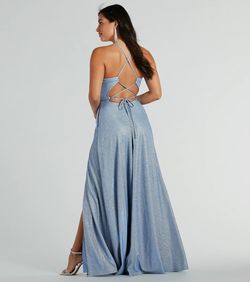 Style 05002-8023 Windsor Blue Size 0 V Neck Prom Floor Length Tall Height Side slit Dress on Queenly