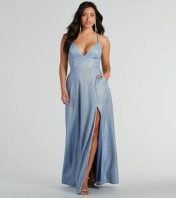 Style 05002-8023 Windsor Blue Size 6 Tall Height A-line Spaghetti Strap Side slit Dress on Queenly