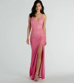 Style 05002-8474 Windsor Pink Size 0 Prom Wedding Guest Spaghetti Strap Jersey Side slit Dress on Queenly