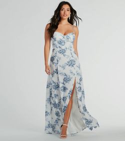 Style 05002-7933 Windsor White Size 4 Print Padded Spaghetti Strap Side slit Dress on Queenly