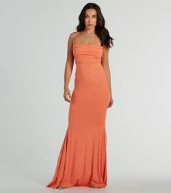 Style 05002-8471 Windsor Orange Size 0 Spaghetti Strap Military Floor Length Corset Mermaid Dress on Queenly