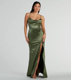 Style 05002-8461 Windsor Green Size 0 Satin Mermaid Bridesmaid Floor Length Side slit Dress on Queenly