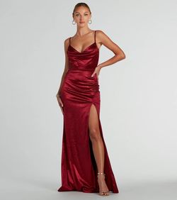 Style 05002-8463 Windsor Red Size 12 Floor Length Satin 05002-8463 Wedding Guest Side slit Dress on Queenly