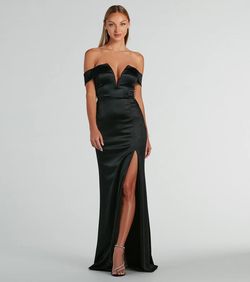Style 05002-8491 Windsor Black Size 0 Prom Padded Wedding Guest Jersey Plunge Side slit Dress on Queenly