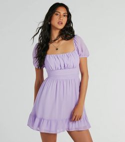 Style 05101-3056 Windsor Purple Size 8 Sheer Square Neck Flare Mini Straight Dress on Queenly