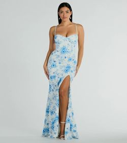 Style 05002-7955 Windsor Blue Size 8 Jersey Floral Tall Height Prom Side slit Dress on Queenly